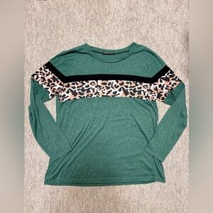 Green Long Sleeve Top with Leopard Print